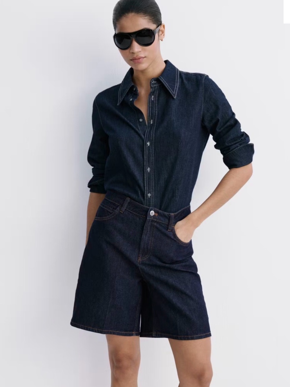Mango High-Waist Straight-Fit Denim Shorts in Dark Blue Wash